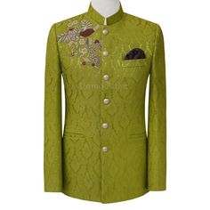 Custom made prince coat in pure soft karandi fabric | Deep green prince coat for mehndi Designer Nehru Jacket With Stand Collar For Semi-formal Occasions, Fitted Blazer With Stand Collar For Festive Occasions, Green Bandhgala For Winter Wedding, Elegant Fall Bandhgala With Zari Work, Green Winter Wedding Bandhgala, Winter Wedding Green Bandhgala, Semi-formal Long Sleeve Bandhgala With Dabka, Semi-formal Bandhgala With Dabka, Tailored Long Sleeve Sherwani For Festive Occasions