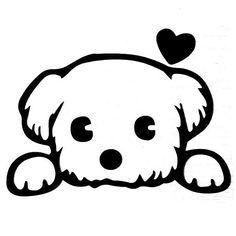 a black and white drawing of a dog with a heart on it's head