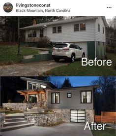 before and after photos of a house in black mountain, north carolina that has been remodeled