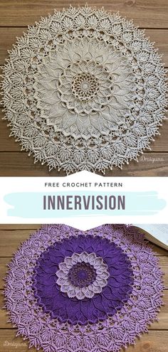 crocheted doily with the words, free crochet pattern in it