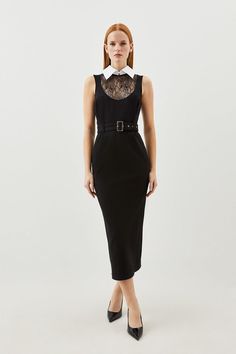 Lace Ponte Cotton Mix Jersey Midi Dress Romantic Lace, Lace Bodice, Midi Dress Sleeveless, Karen Millen, Fashion Face, Black Midi Dress, Polished Look, Lace Detail, Dress Collection