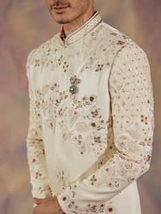 Jatin Malik, Embroidered Sherwani, Blouse Yoke, Applique Flowers, Indian Wedding Outfits, Kurta Designs, Churidar, Bridal Jewelry Sets, Floral Motifs