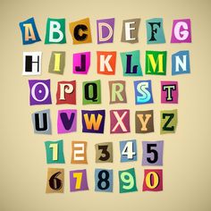 the letters and numbers are cut out of colored paper with different colors, shapes and sizes