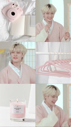 a collage of photos with pink clothes and a candle in front of the camera