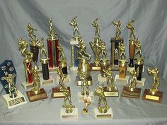 many trophies are lined up on a table