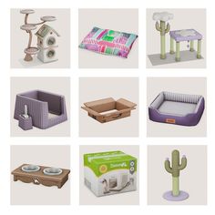 several different types of dog beds and furniture in various shapes, sizes, and colors