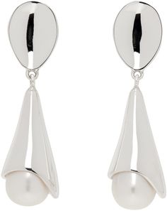 Pair of handcrafted drop earrings in sterling silver. · Graphic with freshwater pearl at drop · Post-stud fastening · H1.75 x W0.5 Supplier Color: Sterling silver Sterling Silver Teardrop Pearl Earrings For Evening, Modern Long Drop Pearl Earrings, Modern Teardrop Pearl Earrings For Formal Occasions, Formal Silver Teardrop Earrings With Polished Finish, Silver Drop Pearl Earrings For Evening, Modern Dangle Pearl Earrings For Formal Occasions, Silver Clip-on Teardrop Earrings For Formal Occasions, Modern Formal Dangle Pearl Earrings, Modern Silver Long Drop Pearl Earrings