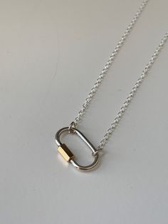 "-Delicate mixed metal carabiner on 18\" necklace -Silver color carabiner with gold accent on silver chain - Carabiner actually unscrews  -Sterling silver chain -Brass Carabiner" Silver Necklaces With Hook And Links For Everyday, Everyday Silver Necklace With Hook And Links, Carabiner Necklace, Gig Harbor Wa, Gig Harbor, Charm Necklaces, Gold Accent, Delicate Rings, Silver And Gold