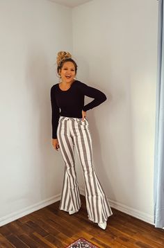 STRIPED DENIM FLARES. 98% COTTON, 2% SPANDEX. Cream/Charcoal Stripes. Striped Denim, Denim Flares, Striped Pants, Walking, Stripes, Spandex, Cream, Pants, Trousers