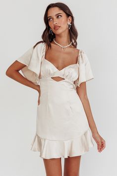 Eyes On You Pleated Bust Angel Sleeve Ruffle Hem Dress Champagne Pink Dress Shoes, Angel Sleeve, Ruffle Hem Dress, Mini Dress Casual, Date Night Dresses, Blue Bridesmaids, Grad Dresses, Basic Dress, Hem Dress