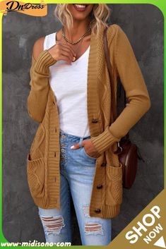 Khaki Front Pocket and Buttons Closure Cardigan Chic Brown Cardigan With Pockets, Brown Button-up Sweater With Pockets, Casual Brown Button-up Sweater Coat, Brown Sweater With Pockets For Spring, Brown Button-up Cardigan With Pockets, Color Khaki, Hottest Trends, Knit Patterns, Full Sleeve