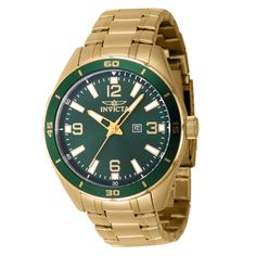 This eye-catching Invicta watch from the Pro Diver collection is powered by an accurate Quartz movement, with a gold case. Its face is decorated by a green, brass dial, and protected by a sturdy Flame Fusion Crystal. A gold, band completes this timepiece that can resist water for up to 50 m. Plunge into any horizon using the steadfast guidance of the Invicta Pro Diver. Stylishly classic, internal workings are forged with variations of bold movements. Built with confident prowess, the fortitude with which these timepieces function makes the Pro Diver the quintessential in performance.Building each timepiece for the fierce of heart, Invicta watches are an exemplary demonstration of versatility, setting a precedent for braving the most adventurous of activities. Here at Invicta Stores, we pri Invicta Pro Diver, Gold Watch Men, Best Watches For Men, Invicta Watches, Gold Case, Gold Band, Men's Watch, Diver, Quartz Movement