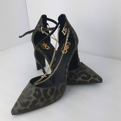 Nwot Gorgeous Metallic Leopard Print Heels - On Trend! Gold/Brown/Black 4" Half Block Heel Gold Chain Detail Have Never Been Worn Evening Chain Print High Heels, Gold High Heels With Chain Print, High Heel Chain Print Heels For Party, High Heels With Chain Print For Party, Chain Print High Heels For Party, Chain Heels, Glass Slippers, Leopard Print Heels, Glass Slipper