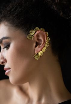 Gold Hammered Ear Climber Statement Ear Cuffs | Brass Earrings for Women | Boho Style Jewelry | Birthday Gift for Her Turn heads with these Gold Hammered Ear Climber Statement Ear Cuffs, a stunning boho-inspired accessory. Designed to climb behind the ears, each hammered round cuff is studded with sparkling zircons, adding a touch of glamour to the bold, geometric design. Crafted in brass with a unique hammered texture, these ear climbers offer the perfect balance of boho chic and modern eleganc Unique Gold Pierced Ear Climbers, Unique Gold Ear Climbers, Adjustable Single Ear Cuff For Anniversary, Brass Ear Climbers As A Gift, Nice White Dresses, Women Boho Style, Ear Climber, Boho Style Jewelry, Ear Climbers