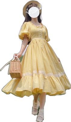 Yellow Square Neck Dress With Ruffles, Cute Yellow Dress For Picnic, Yellow Retro Vintage Dress For Garden Party, Yellow Cottagecore Dress For Garden Party, Yellow Sweet Dress With Ruffles, Yellow Cotton Dress For Picnic, Retro Yellow Dress For Picnic, Cute Yellow Square Neck Dress, Yellow Square Neck Cute Dress