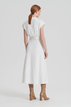 CREPE KNIT SHIRT DRESS - CREAM Classic Cream Cotton Dress, Cream A-line Cotton Dress, Scanlan Theodore Crepe Knit, Fitted A-line Crepe Midi Dress, Chic A-line Crepe Midi Dress, Modern Workwear, Timeless Silhouettes, Scanlan Theodore, Knit Shirt Dress