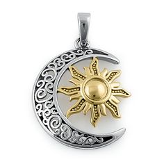 Sterling Silver Two-tone Bohemian Sun and Moon Pendant Sun And Moon Pendant, Bohemian Sun, Celtic Pendant, Wiccan Jewelry, Silver Gold Jewelry, Reference Drawing, Sterling Silver Heart Pendant, Star Cloud, Silver Wings