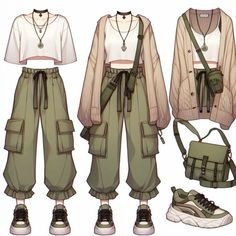 an anime character is wearing green cargo pants and a white t - shirt, while holding a bag