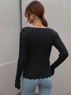 Our Shell Knit Top comes in a black colour. A gorgeous knit piece with a strong point of view, this top is expressing style in the most fabulous way. It features a scallop shaped neckline and cuff, long sleeves and tight fit on the body great for pairing with a jean finished with our leather boots! Size Guide: Tina is 5’2” tall, and has a 33.2” bust, 24.5”waist, & 36.7” hips. She is wearing a S / US 4 / AU 8. This knit cardi is true to size. Feature: Slightly cropped long sleeves. Pull on style. Fitted Black Fine Knit Long Sleeve Top, Fitted Fine Knit Black Long Sleeve Top, Fitted Black Long Sleeve Fine Knit Top, Black Ribbed Long Sleeve Top For Winter, Black Fine Knit Long Sleeve Top For Fall, Black Long Sleeve Fine Knit Top For Fall, Chic Black Long Sleeve Knit Top, Black Fitted Sweater With Ribbed Neckline, Elegant Black Textured Knit Top