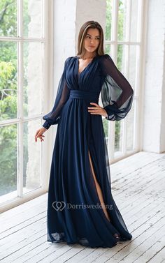 A-Line V-neck Long Ilusion Sleeve Empire Floor Length Chiffon Dress with Split Front - Dorris Wedding Sheer V-neck Evening Dress For Formal Occasions, Chiffon V-neck Evening Dress For Banquet, Fitted Sheer V-neck Chiffon Dress, Elegant Fitted Chiffon V-neck Dress, V-neck Georgette Chiffon Wedding Dress, Elegant Sheer V-neck Dresses, Chiffon V-neck Evening Dress For Wedding, Fitted Chiffon V-neck Dress For Formal Occasions, Sheer V-neck Evening Dress