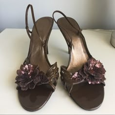 Nwot Isabella Fiore Strappy Heels With Sequin Flower With Wire So You Can Bend And Shape It. 4" Heel. Brown Patent Leather Straps. These Have Never Been Worn! Glamorous Brown Heels For Formal Occasions, Brown Open Toe Sandals For Wedding, Brown Open Toe Heels For Wedding, Brown High Heel Wedding Heels, Brown High Heel Wedding Shoes, Pretty Flat Shoes, Rich Shoes, Cool Heels, 90s Heels