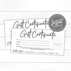 two gift certificates sitting on top of each other with the words, get certified