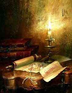 a painting of books and a candle on a table