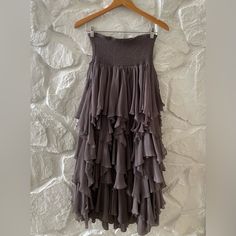 Brand: Pat Daknke Material: Poly Blend Measurements: 12'' X 45'' Condition: Excellent Used Condition Love The Item But Not The Price? I Love Offers! Strapless Ruffle Dress, Brown And Grey, Strapless Dress, I Love, Womens Dresses, Women Shopping, Dresses, Clothes, Color