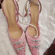 Brand New! Beautiful Pink Lace With Pearls Strap Mach & Mack. With Box And Dust Bags. Feminine Pink Wedding Shoes For Evening, Elegant Pink Wedding Shoes For Events, Lace With Pearls, Slingback Mules, Pearl Sandals, Glitter Pumps, Pink High Heels, Embellished Heels, Square Toe Heels