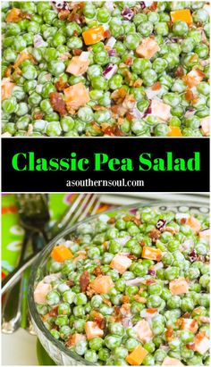 peas salad with carrots and bacon in a glass bowl