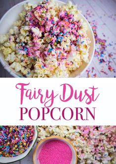 a bowl filled with pink sprinkles next to two bowls full of popcorn