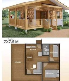 the floor plan for a small house with two levels and three bedroom, one living area