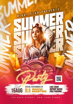 a flyer for a summer party with an image of a woman