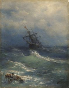 an oil painting of a ship in rough seas