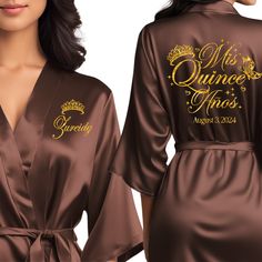 Step into your Quinceañera celebration in style with our Personalized Satin Quinceañera Robe. Crafted for your special day, this personalized Quinceañera robe exudes luxury and elegance. Ideal for getting ready moments and capturing unforgettable photos, it features beautiful glitter and regular text color options to match your Quinceañera party. Perfect for your Quince birthday, our personalized robe is a symbol of sophistication and grace as you embark on this milestone journey. Make your Mis Custom Robes, Personalized Robe, Quinceanera Party, Bridesmaid Robes, Womens Robes, Home Wedding, Quince, Quinceanera, How To Feel Beautiful