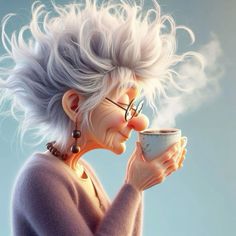 an older woman drinking out of a cup with her hair blowing in the wind and wearing glasses