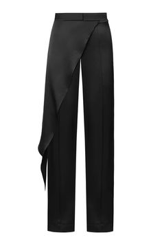 Satin high waist pants. Straight fit. Half-skirt on one side. Stitched. Color: black. 86% Rayon,14% Polyester Made in Georgia Half Pants Half Skirt, Half Skirt Half Pants, Soiree Pants, Simon Peter, Fashion Study, Formal Pants, Satin Pants, Costume Inspo, Half Skirt