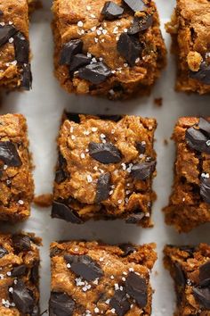 chocolate chip cookie bars are arranged in rows