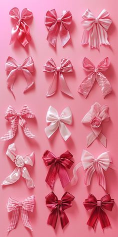 many different types of bows on a pink background