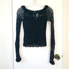 Vintage Crochet Open Weave Long Sleeved Black Top. Soooo Cute And Unique! Has An Adorable Crochet Collar. This Piece Is Hard To Photograph But It's Super Cute! Tag Says S But I Think It Fits More Like An Xxs - Xs So Labeling It As That. New With Tag Tags, Pairs Well With: Vintage Crochet Knitting Collar Unique Hard To Find Htf Boho Bohemian Hippie Hippy 60s 70s 90s 2000s Groovy Open Weave Fitted Pointelle Knit Crochet Top For Fall, Fitted Crochet Top With Pointelle Knit For Fall, Fitted Long Sleeve Crochet Top With Crochet Trim, Fitted Long Sleeve Crochet Top With Trim, Fall Crochet Top With Stretch, Fall Stretch Crochet Top With Crochet Trim, Stretch Crochet Top With Crochet Trim For Fall, Lace Crochet Top With Open Knit Stretch, Stretch Lace Crochet Top With Open Knit