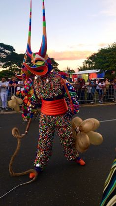 a person dressed up in an animal costume and holding a stick while walking down the street