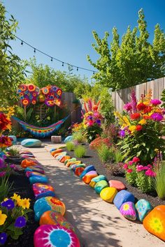 an outdoor garden filled with lots of flowers and colorful rocks on the side of the road