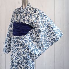 Japanese Traditional Yukata Kimono - Simple Blue Flowers in Off White Blue Kimono For Spring Tea Ceremony, Blue Kimono With Kimono Sleeves For Tea Ceremony, Traditional Yukata, Kimono Ideas, Traditional Blue Floral Print Kimono, Traditional Blue Floral Kimono, Off White Background, Japanese Yukata, Kimono Obi