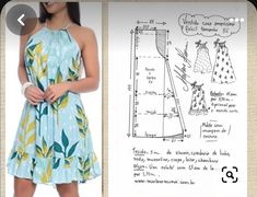 a woman in a dress next to an image of the sewing pattern for her dress