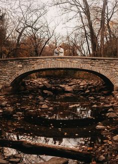 a man standing on top of a stone bridge over a river next to a forest