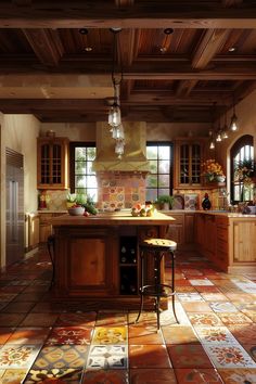 a kitchen with an island and tiled flooring in the center, surrounded by wooden cabinets