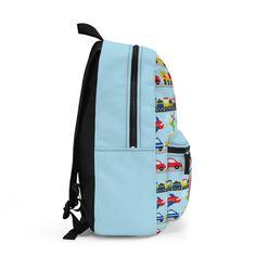 This Personalized Transportation backpack is made from spun polyester and weighs 1.3 lbs, just enough to be light, strong and long-lasting. Grab it, stow it, throw it onto the seat next to you, this backpack can take it, and so will you, wherever you go! With Water bottle side pocket. Personalized Transportation backpack with cars, trucks, school bus and airplanes that features a blue background along the sides, perfect for students of all ages! ➨Write name or initials in the personalization box on this page. .: 100% polyester.: Lightweight and waterproof.: Adjustable shoulder straps.: Blank name tag sewn inside.: Size variance +/- 0.5".: Assembled in the USA from globally sourced parts Office Backpack, School Collection, Personalized Backpack, Custom Water Bottles, Sewing Tags, Christian Sweatshirt, Custom Bottles, College Gifts, Halloween School