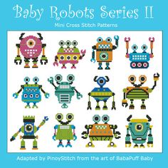 Baby Robots Series II  Minis Cross Stitch PDF Chart Mini People, Fun Baby, Mini Cross Stitch, Baby Cross, Mini Cross, Cross Stitches, Blue Cross, Cross Stitch Patterns Free, Free Cross Stitch