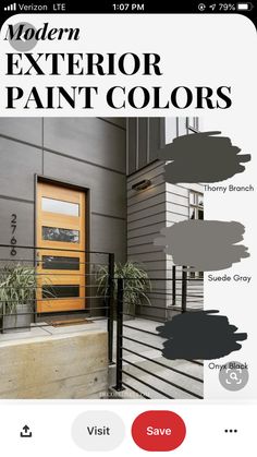 modern exterior paint colors for the front door and entryway with text overlay that reads modern exterior paint colors