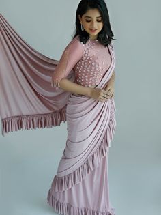 Synthetic Saree Blouse Designs, Pink Ruffle Saree, Trendy Blouse Patterns, Synthetic Saree, Pastel Saree, Long Sleeve Saree Blouse, Saree Outfits, White Sarees, Saree White